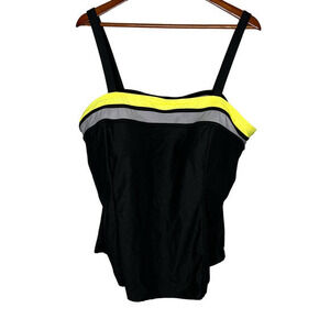 It Figures! black plus size tankini swim top yellow & gray trim women size 24W